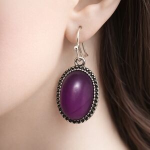Women's Silver tone Dainty Design Purple Stone Oval Fishhook Teardrop Earrings
